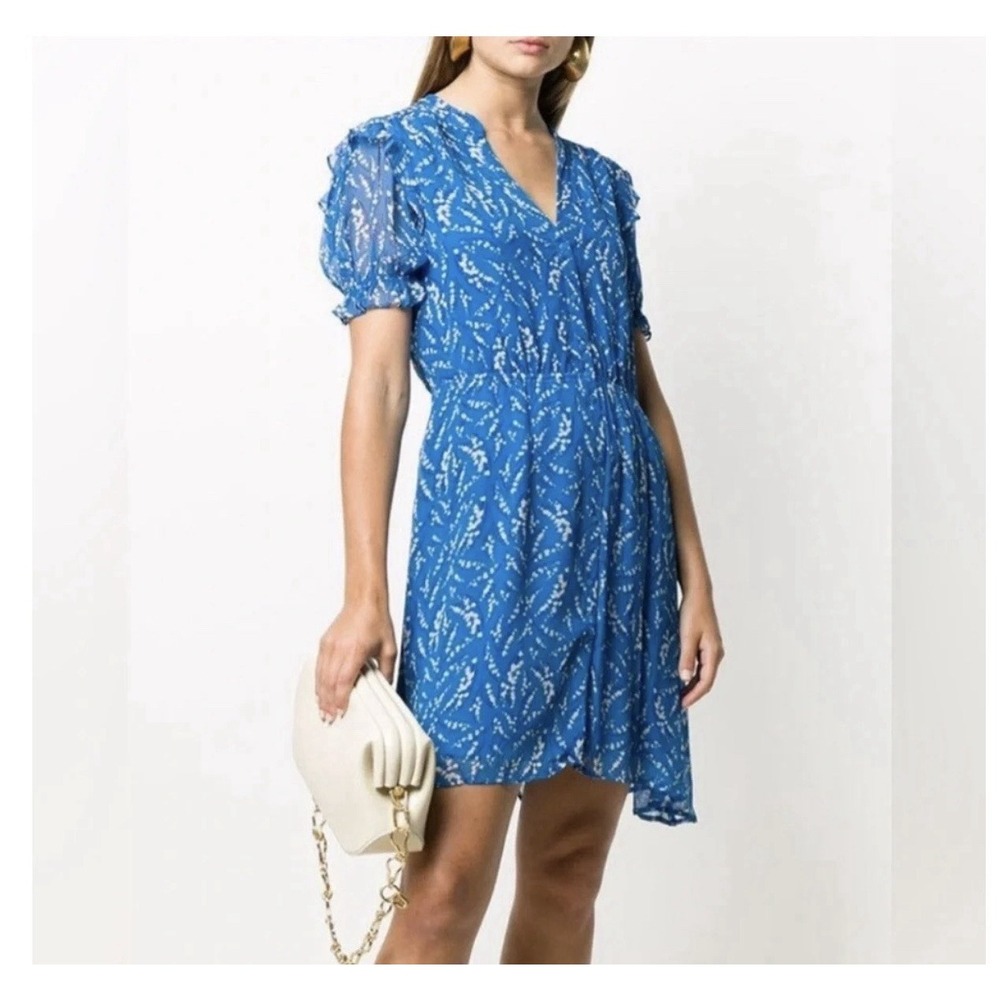 Ba&sh Mini Dress Womens Size 0 US 4 Blue Short Sleeve Button Front Elastic Waist